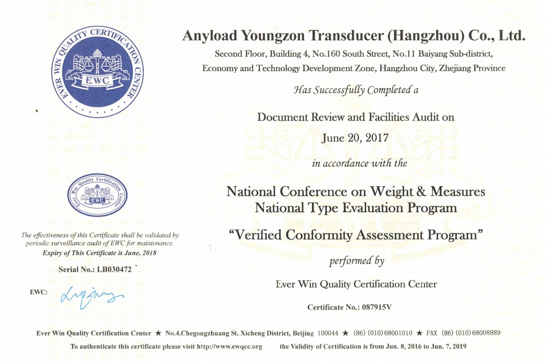 Renewed VCAP Certificate - ANYLOAD Weigh & Measure