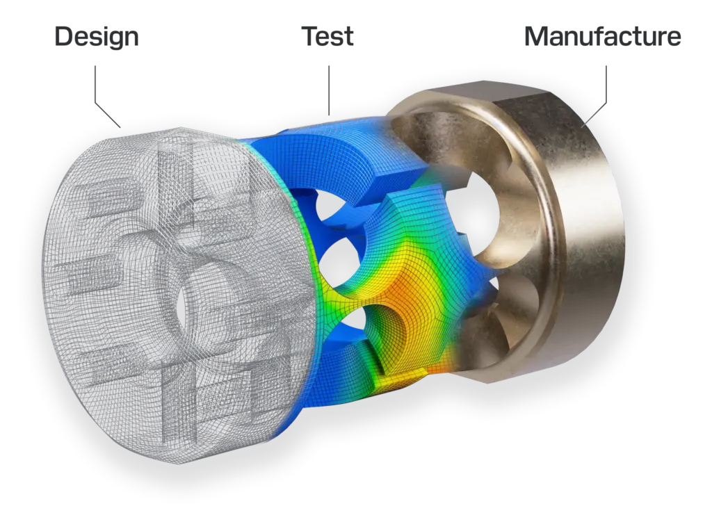 A custom force transducer cross section with wireframe, finite element analysis and final manufactured finish.