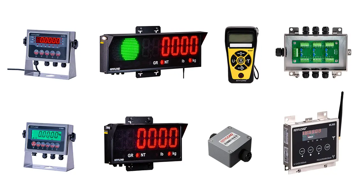 Anyload's collection of instrumentation including remote displays, indicators, junction boxes and wireless devices.