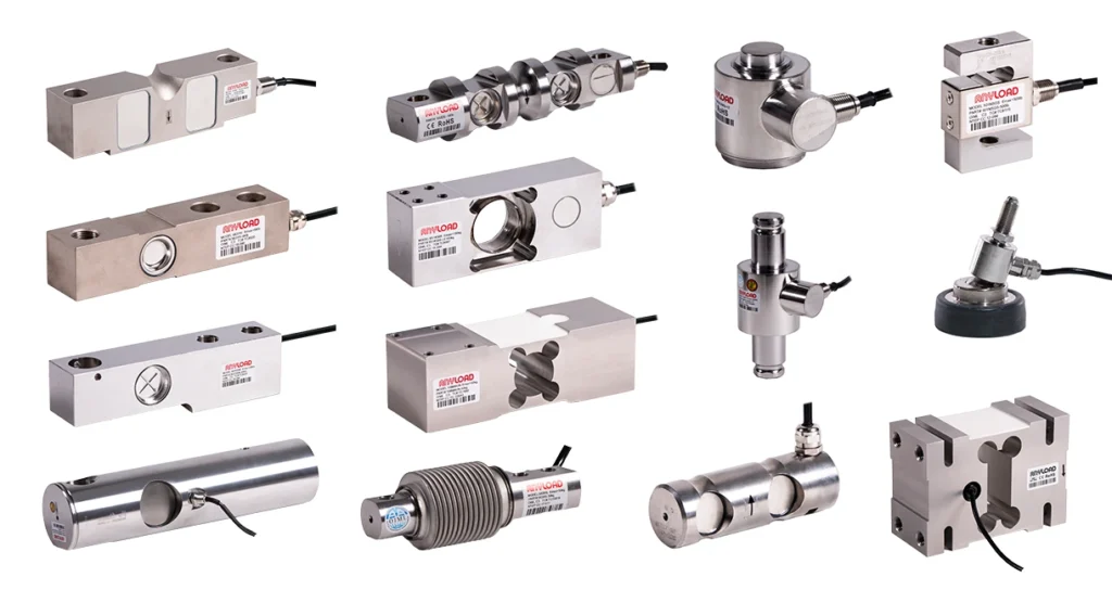 An image of Anyload's range of load cells including Single and Double Ended Beams, Single Points, S-Beams, Load Pins and more.